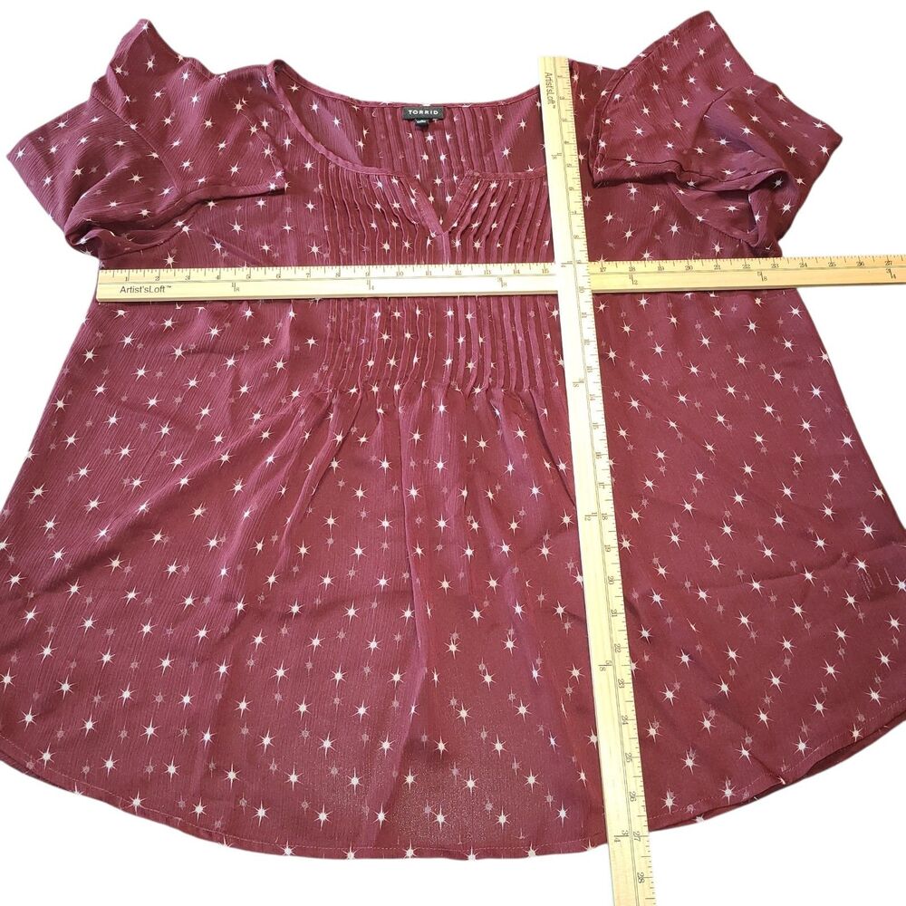 Torrid Burgundy Starburst Georgette Pleated Chiffon Blouse Boho Ruffle Slv Sz L - Picture 6 of 11